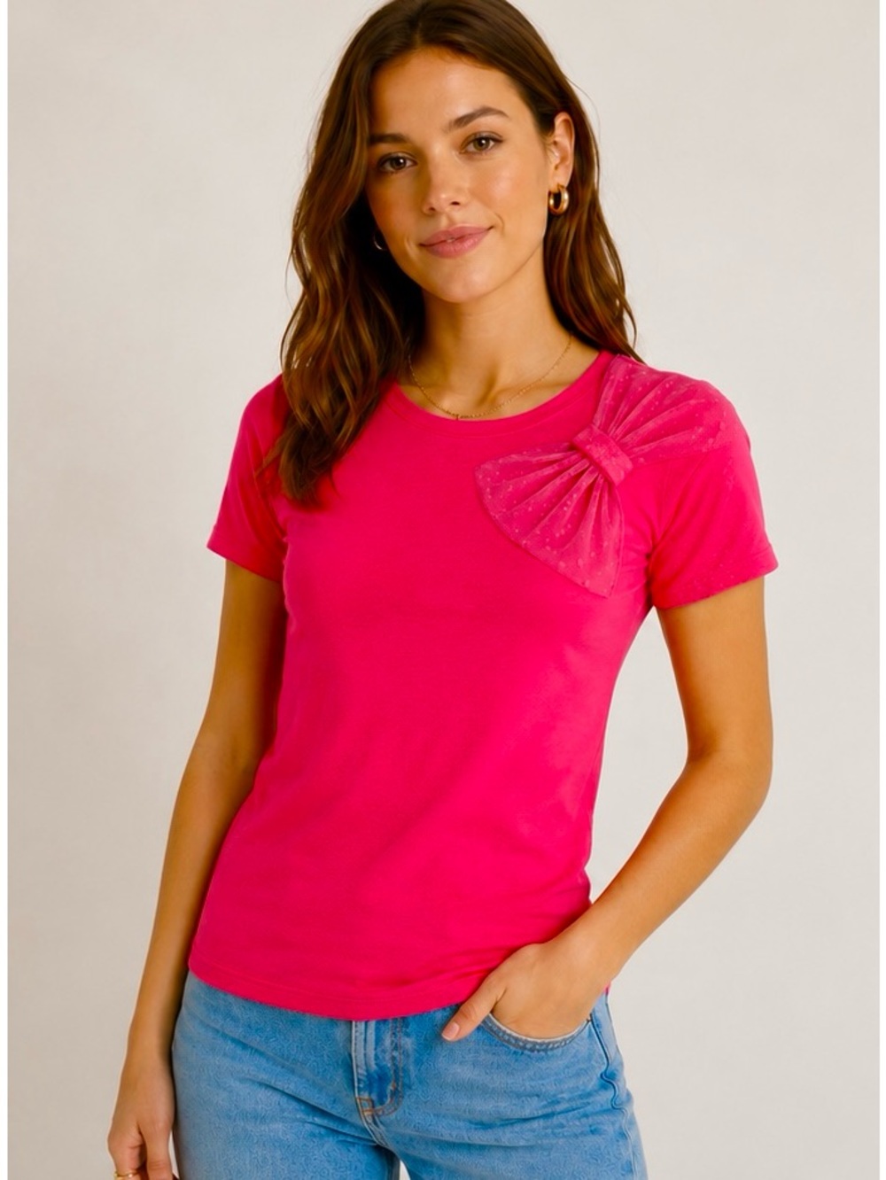 RED Valentino Dotted Mesh Bow Short Sleeve Tee Fuchsia Medium